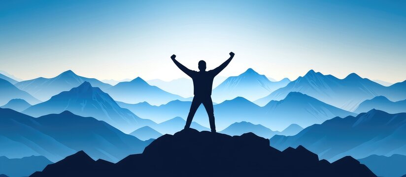 Silhouette of a Successful Man Standing on a Mountain Peak Celebrating Victory and Achievement in a Blue Landscape