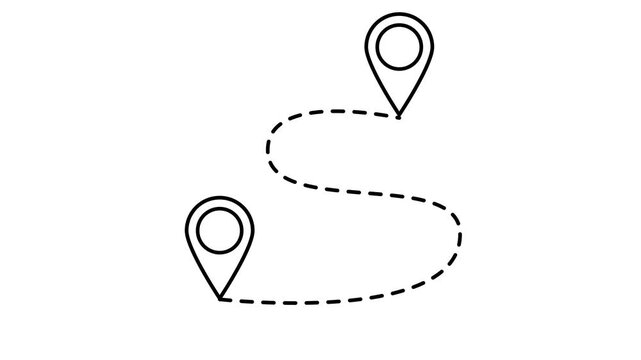 Animated dashed route line leading to map pin location on white background. Travel path symbol navigation journey graphic element 4k video animation.