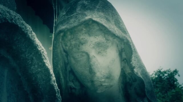 Close-up of a weathered stone statue, possibly a Piet&agrave;, in a cemetery. The disfigured face and hooded figure convey a somber, mysterious atmosphere. Suitable for horror or historical themes.