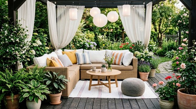 Outdoor seating area setup with a comfortable sofa, wooden coffee table, and hanging paper lanterns.