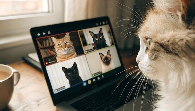 Fluffy cat looking at a video conference call with other cats on a laptop screen.