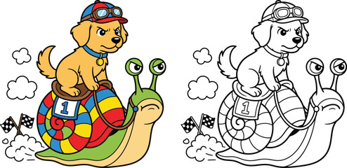 Fototapeta premium Fast Golden Retriever Puppy Racing on a Rainbow Snail Color and Line Art Activity Page