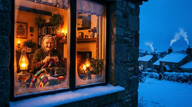 Senior woman knitting inside a cozy stone cottage with a cat and oil lamps during a snowy winter evening at twilight