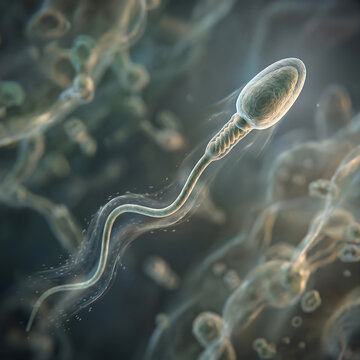 Highly detailed human sperm cell structure showing head acrosome and spiral midpiece mitochondria