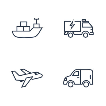 Logistics icons representing different modes of transport are shown on a white background.