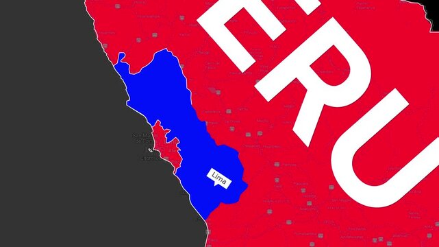 Peru map animation featuring blue highlighted Lima region on a bright red background for professional digital educational motion graphic footage