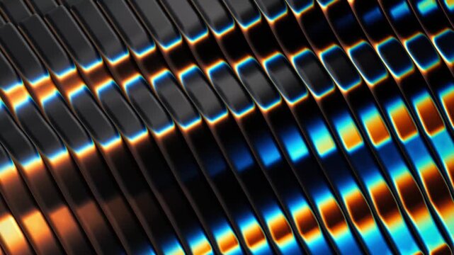 Close-up Cybernetic Slat Grid Seamless Loop Video, Glowing Warm Prism Light Refraction Motion Graphics, Dark Futuristic 3D Render &ndash; Macro view of parallel metal plates moving in smooth waves