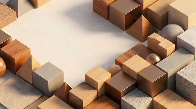 Scattered wooden and stone geometric blocks composition.