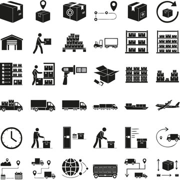 Logistics icons representing warehouse storage and shipping are arranged in a grid.