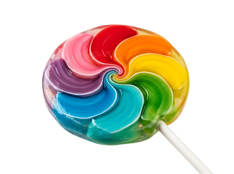 Vibrant rainbow swirl lollipop isolated on a transparent background