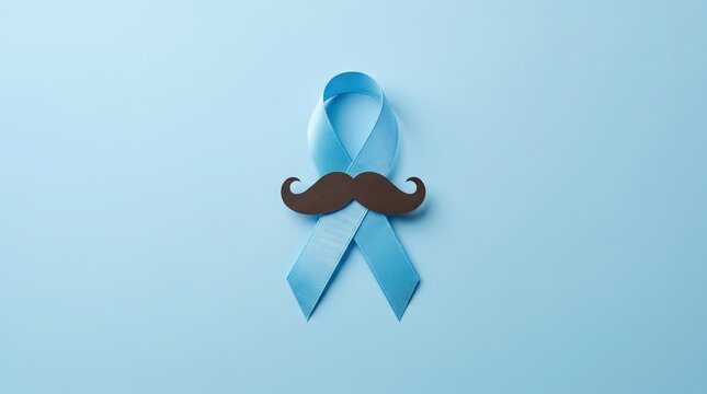 Light blue awareness ribbon with a brown mustache on a solid blue background for prostate cancer awareness
