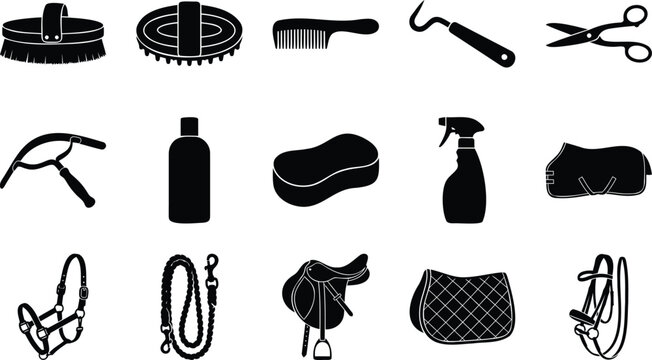 Set of horse care equipment and equestrian stable grooming gear silhouettes