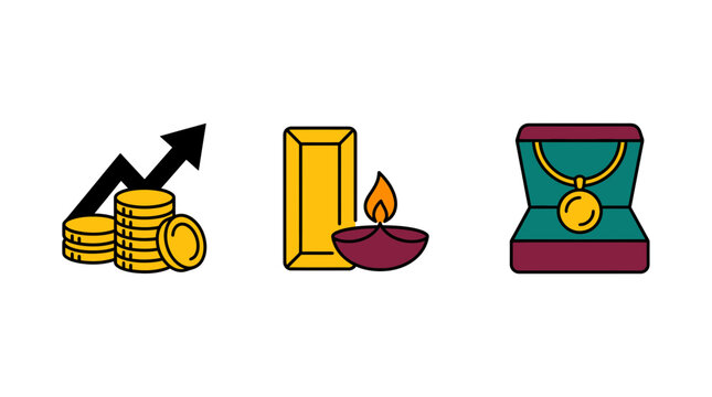 Vector icon set featuring gold coins with growth arrow, gold bar with diya lamp, and jewelry necklace in box for wealth and Dhanteras festival