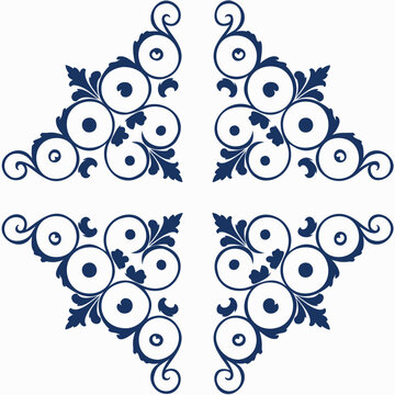Vintage corner ornaments in dark blue ink form an elegant symmetrical border.