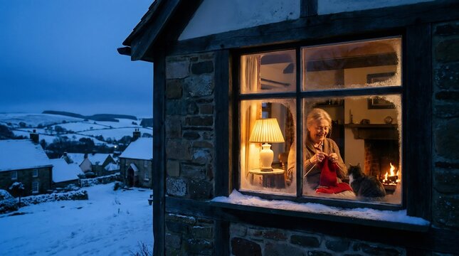 Woman knitting red wool inside a warm cottage with a cat and fireplace overlooking a snowy winter landscape at night