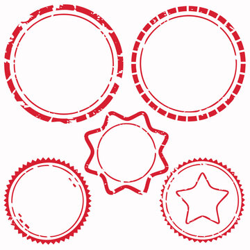 Rubber stamp borders in red grunge ink provide empty circular badge frames.