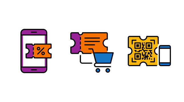 Vector icon set of mobile ticketing, discount coupons, and QR codes for online shopping