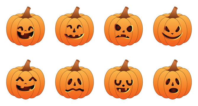 Halloween pumpkin vector icon. Silhouette of funny Halloween pumpkin emoji vector collection with various facial expressions. Fresh autumn vegetables design. Vector illustration.