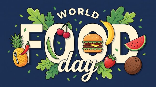 World food day banner with diverse fresh fruits and vegetables surrounding large text on a dark blue background with green leaves.