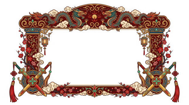 Intricate traditional chinese decorative border with dragons and lanterns in vibrant colors isolated on transparent background