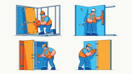 Fototapeta premium Construction Worker Installing Metal Door Frames