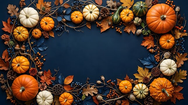 Autumn frame composition with pumpkins, gourds, and leaves on dark navy