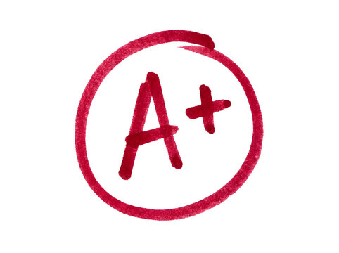 Handwritten a plus grade in red ink isolated on white isolated on transparent background