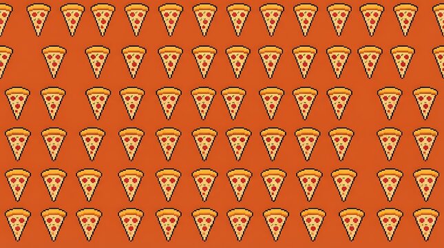 Pixel art pizza slices seamless pattern on orange background for food design and wallpaper