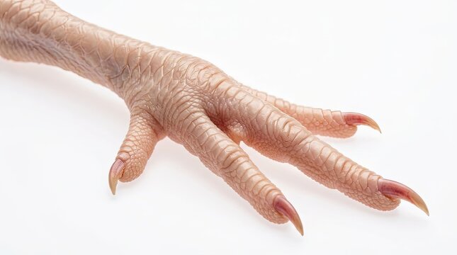 Close up detailed photograph of a chicken foot with sharp claws against a plain white background for veterinary or agricultural use