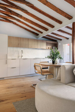 Open plan kitchen near sofa