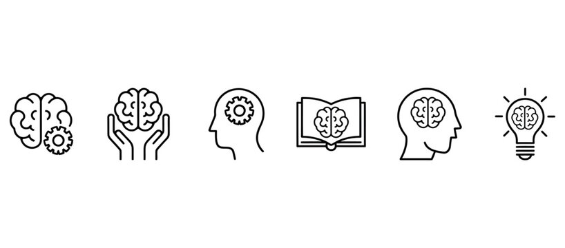 Minimalist line art icons of human brain and mental health concepts on a clean white background.
