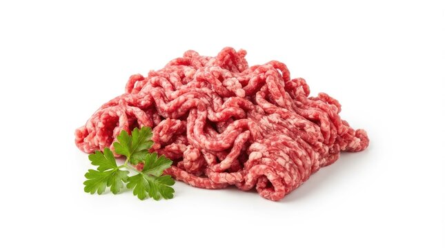 Fresh raw ground beef with a sprig of parsley on a white background culinary ingredient for cooking and healthy meal preparation