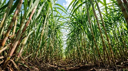 Fototapeta premium Lush sugarcane field stretching towards the bright blue sky on a sunny day agricultural landscape with green stalks and soil