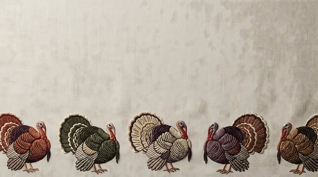 A row of colorful decorative turkeys against a textured white wall background