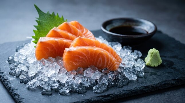 Fresh salmon sashimi displayed on crushed ice with shiso wasabi and soy sauce