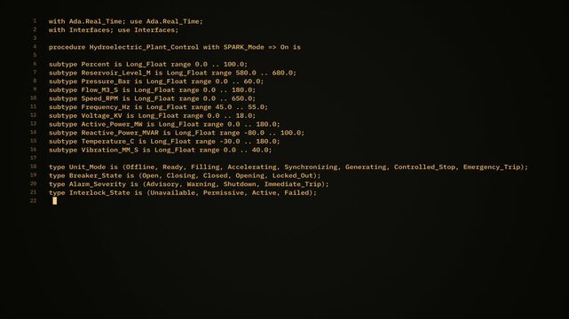 Amber source code scrolls across a dark terminal, revealing control logic, sensor data and safety systems for a hydroelectric power plant. Technology background with copy space.