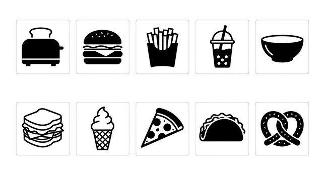 Set of black food and drink icons in a grid layout for restaurant menu design.