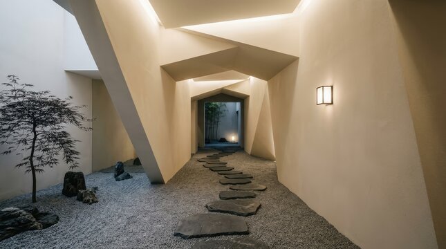Minimalist concrete hallway with gravel and stone path.