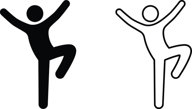 Happy stick figure person dancing and jumping with arms raised in joy