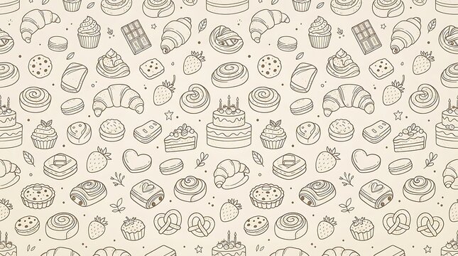 Seamless bakery pattern with hand drawn bread and pastry icons on a textured beige background.