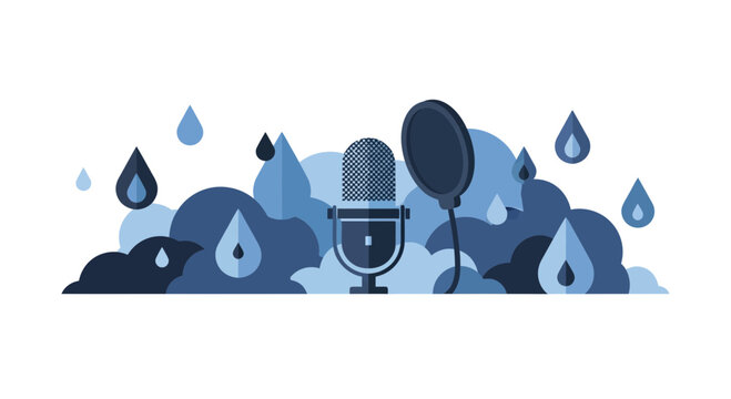 Blue Microphone Illustration with Clouds and Raindrops for ASMR and Weather Podcasts