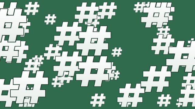Seamless loop. White hashtag symbols march across a dark green screen in horizontal format. Trendy animated pattern evokes social media trends and viral topics for marketing and digital campaigns.