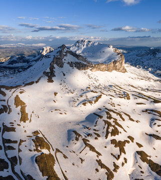 Twin peaks of Sedlo mountain in Durmitor National Park, winter season