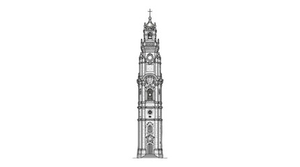 Obraz premium Detailed architectural illustration of a tall, ornate clock tower, isolated on a transparent background.