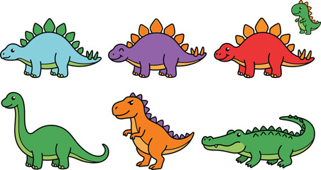 Cute Cartoon Dinosaur Character Set with Stegosaurus, Brontosaurus, T Rex, and Crocodile for Prehistoric and Kids Designs © MstJuli