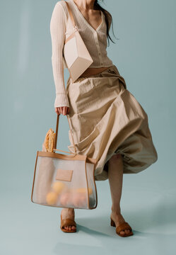 Beige Summer Outfit With Transparent Tote Bag