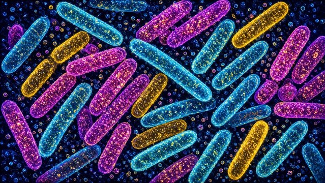 Microbiome bacteria cellular microorganisms research concept with rod shaped probiotic organisms representing biosecurity pharmaceutical medicine biotechnology health, for medical campaign
