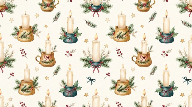 seamless pattern of Christmas candles in simple holders