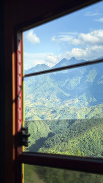 View of Fansipan in Sapa through a cable car window, Vietnam