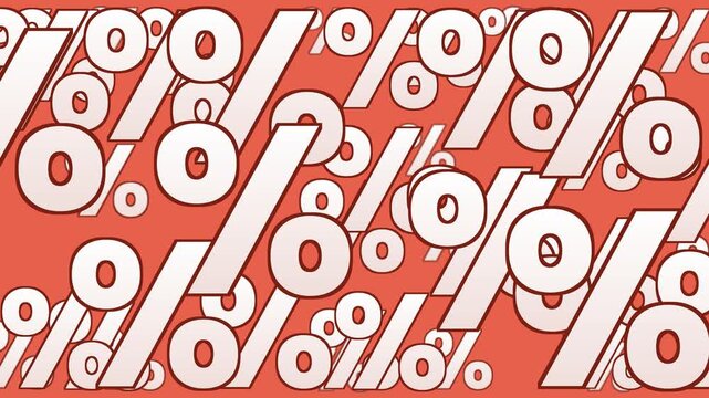 Seamless loop. Animated percent symbols march diagonally across red screen in horizontal. Bold white discount signs create dynamic sale promotion visual for retail advertising and seasonal campaigns.
